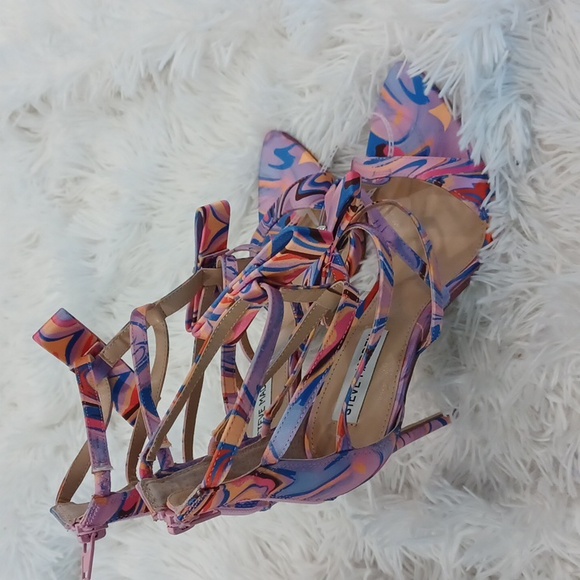 NEW Steve Madden Retro Print Sinclair Satin Rhinestone Strappy Dress Sandals - Picture 7 of 16